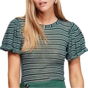 Free People green top with poof sleeves